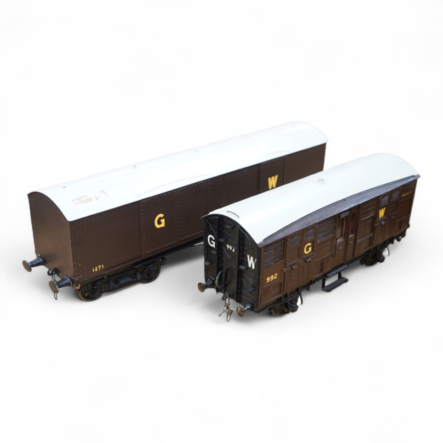 Two Gauge 3 model railway scratch-built GWR freight vans in resin, wood and steel, etc. construction, a siphon J bogie van and a 4-wheel cattle van